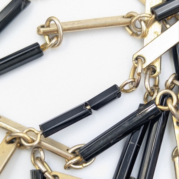 Vintage Black Glass Bugle Bead Multi Strand Gold Tone Chain Necklace 1970s - Picture 13 of 14